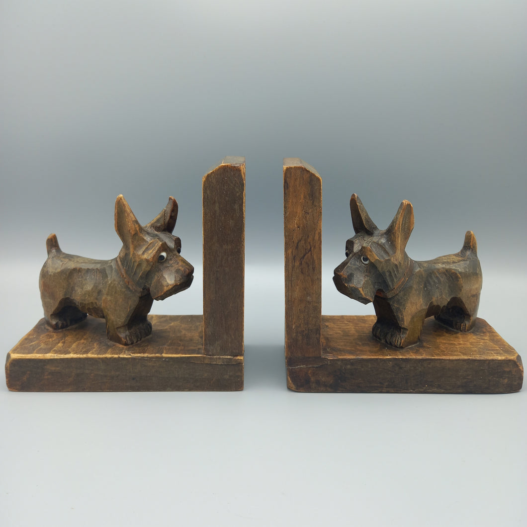 1950s German Black Forest Carved Wood Pair Scottie Dog Bookends