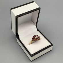 Load image into Gallery viewer, Modern 12 stone Red Garnet and diamond Starburst Ring Size P
