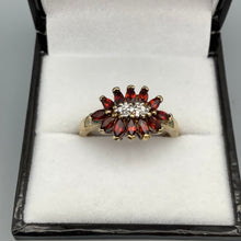 Load image into Gallery viewer, Modern 12 stone Red Garnet and diamond Starburst Ring Size P
