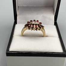 Load image into Gallery viewer, Modern 12 stone Red Garnet and diamond Starburst Ring Size P
