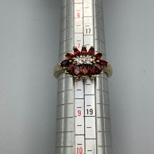 Load image into Gallery viewer, Modern 12 stone Red Garnet and diamond Starburst Ring Size P
