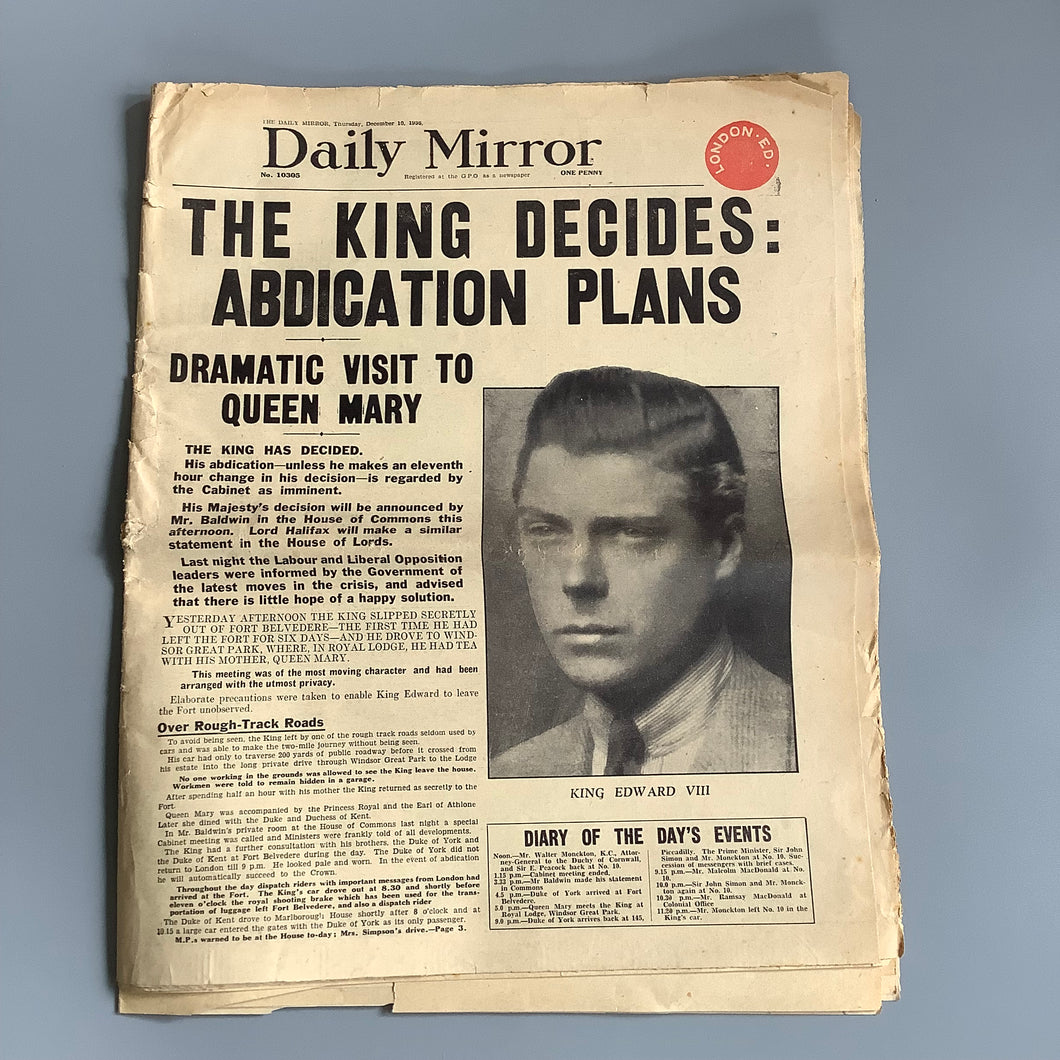 Original 1936 Daily Mirror Newspaper King Edward V111 Abdication