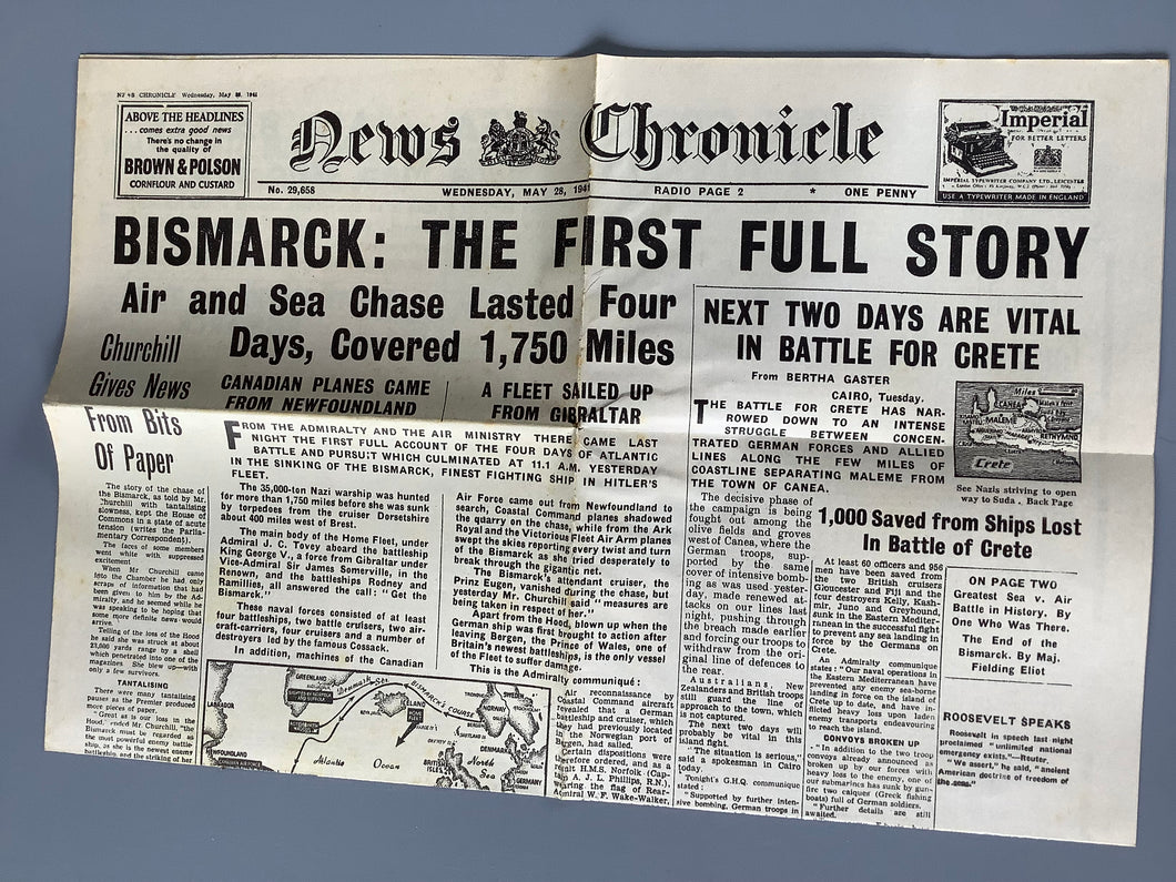 1970s copy of News Chronicle WW2 Bismark Sinking newspaper