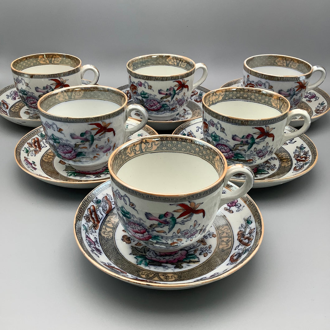 Antique Victorian Thomas Till & Sons Shanghai Pattern 6 Cups & Saucers 1860s -2